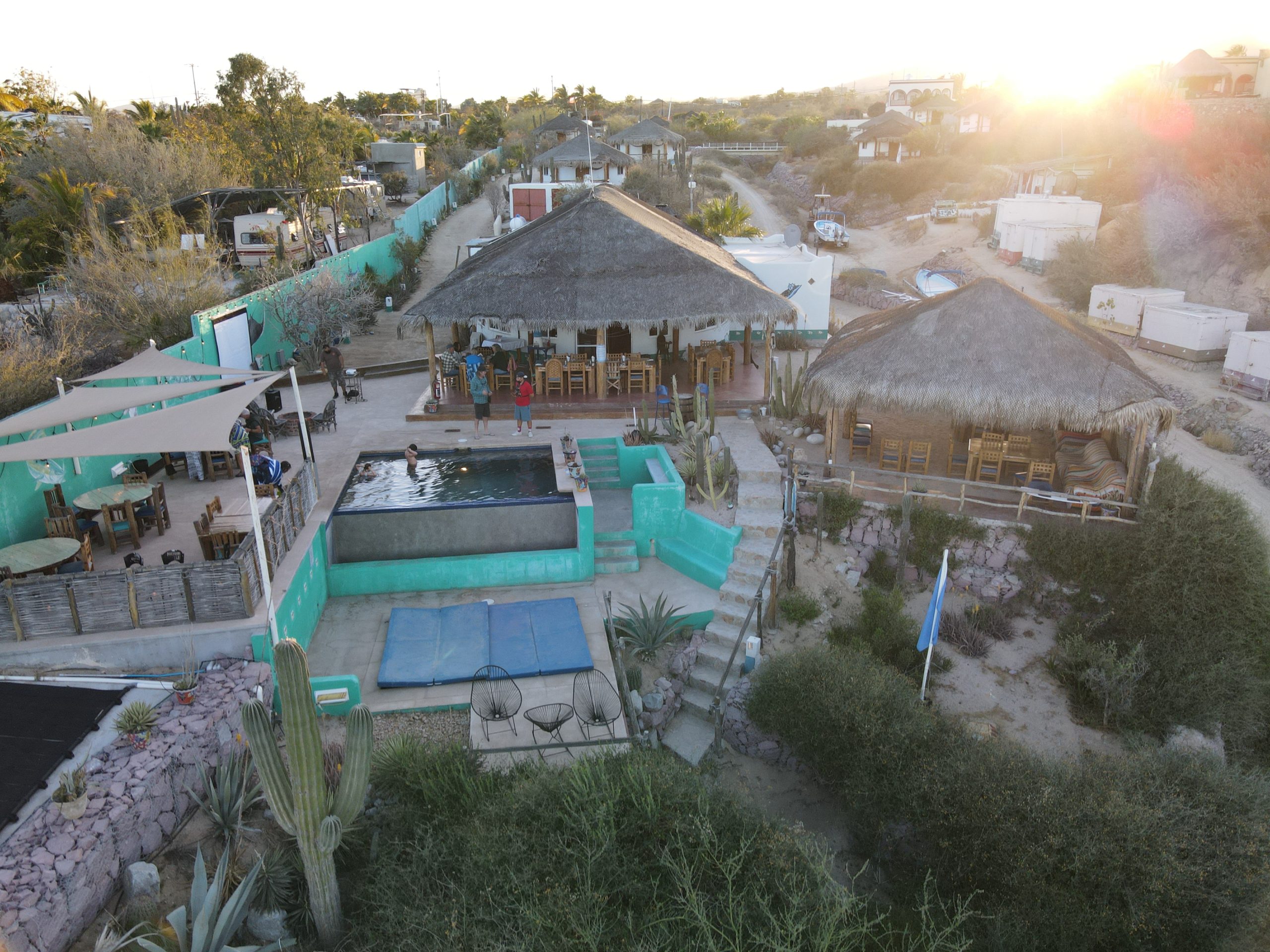 Aerial view of Palapas Ventana and the bay